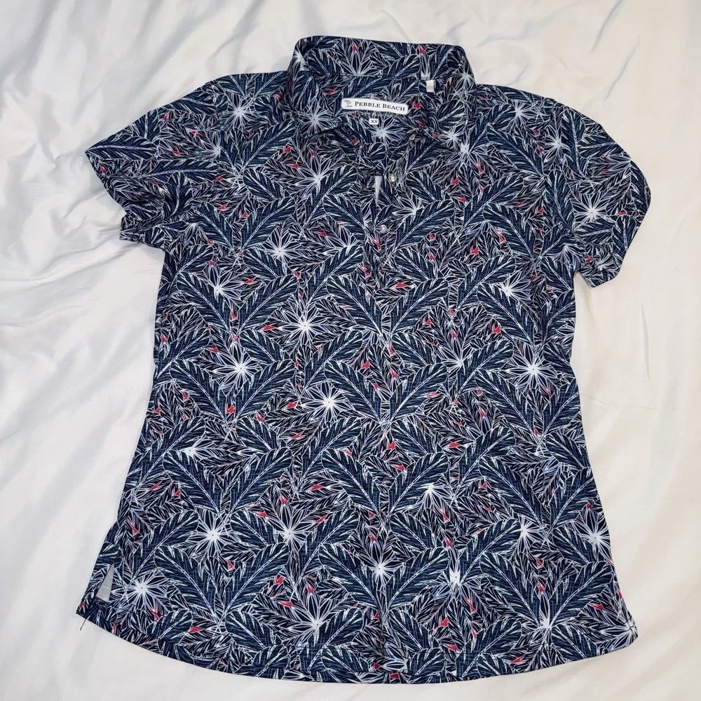 Pebble Beach Womens Dry-Luxe Performance Golf Polo Shirt Navy Palm Leaf Print XS